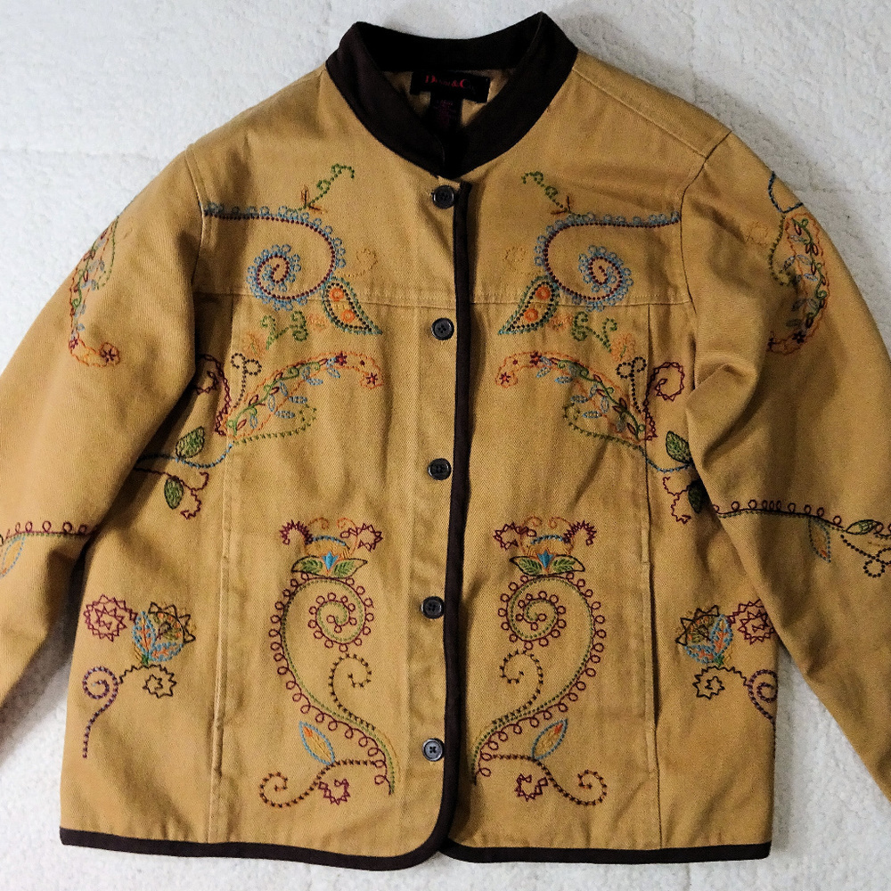 Denim & Co Tan Embroidered Long Sleeve Jacket Lg